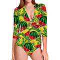 Leaf Watermelon Pieces Pattern Print Long Sleeve Swimsuit