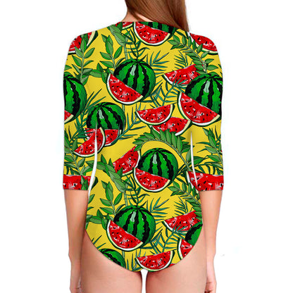 Leaf Watermelon Pieces Pattern Print Long Sleeve Swimsuit