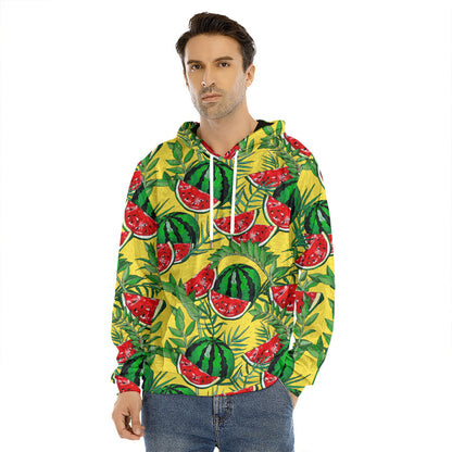 Leaf Watermelon Pieces Pattern Print Men's Velvet Pullover Hoodie