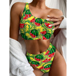 Leaf Watermelon Pieces Pattern Print One Shoulder Bikini Top