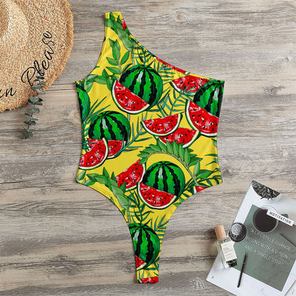 Leaf Watermelon Pieces Pattern Print One Shoulder Bodysuit