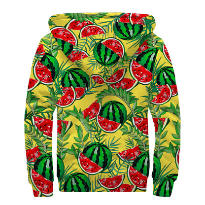 Leaf Watermelon Pieces Pattern Print Sherpa Lined Zip Up Hoodie