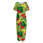 Leaf Watermelon Pieces Pattern Print Short Sleeve Long Nightdress