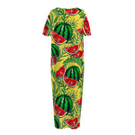 Leaf Watermelon Pieces Pattern Print Short Sleeve Long Nightdress