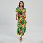Leaf Watermelon Pieces Pattern Print Short Sleeve Maxi Dress