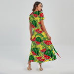 Leaf Watermelon Pieces Pattern Print Short Sleeve Maxi Dress