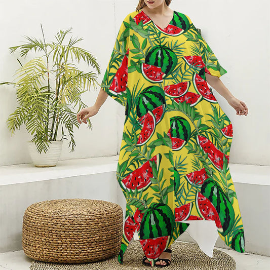 Leaf Watermelon Pieces Pattern Print Silk V-Neck Kaftan Dress
