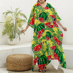 Leaf Watermelon Pieces Pattern Print Silk V-Neck Kaftan Dress