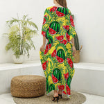 Leaf Watermelon Pieces Pattern Print Silk V-Neck Kaftan Dress