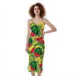 Leaf Watermelon Pieces Pattern Print Slim Fit Midi Cami Dress