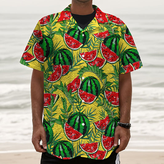 Leaf Watermelon Pieces Pattern Print Textured Short Sleeve Shirt