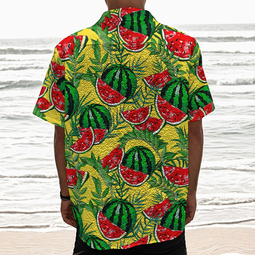 Leaf Watermelon Pieces Pattern Print Textured Short Sleeve Shirt