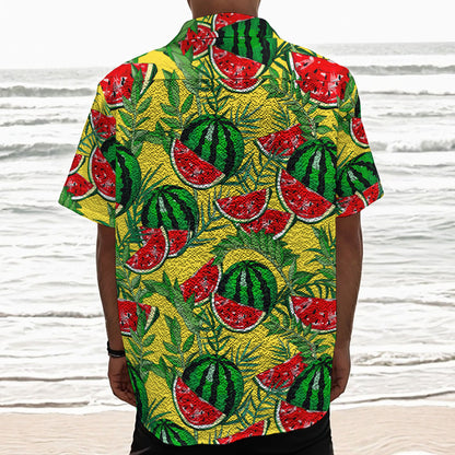Leaf Watermelon Pieces Pattern Print Textured Short Sleeve Shirt