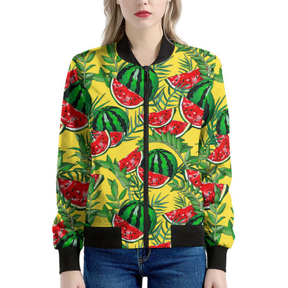 Leaf Watermelon Pieces Pattern Print Women's Bomber Jacket