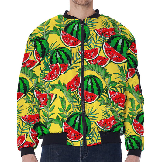 Leaf Watermelon Pieces Pattern Print Zip Sleeve Bomber Jacket