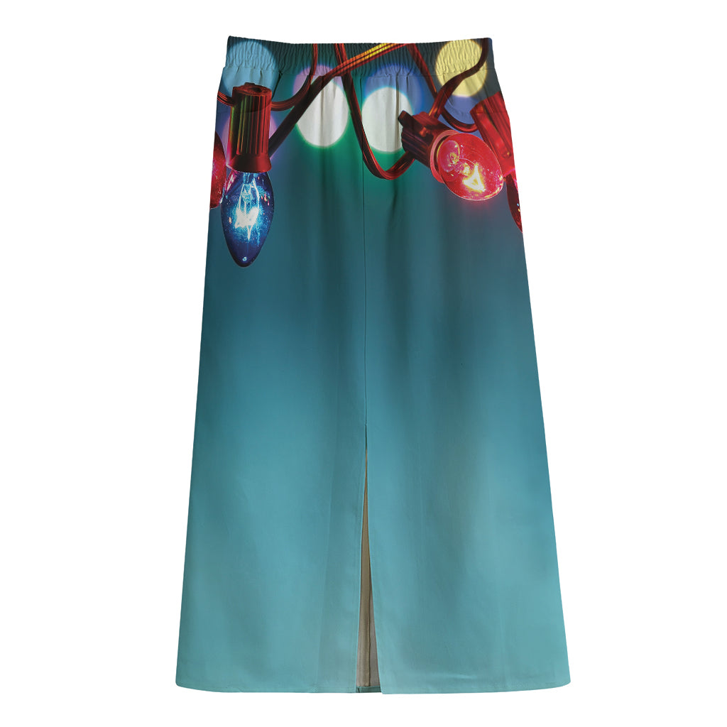 LED Christmas String Lights Print Cotton Front Slit Maxi Skirt
