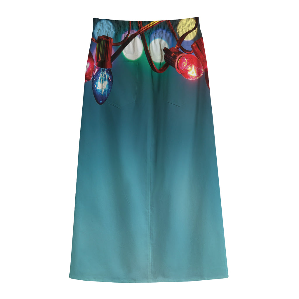 LED Christmas String Lights Print Cotton Front Slit Maxi Skirt