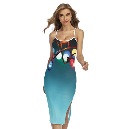 LED Christmas String Lights Print Cross Back Cami Dress