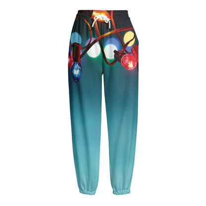 LED Christmas String Lights Print Fleece Lined Knit Pants
