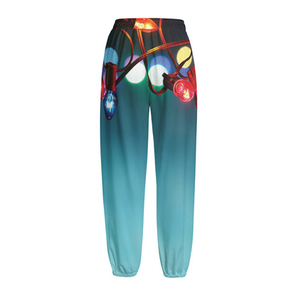 LED Christmas String Lights Print Fleece Lined Knit Pants