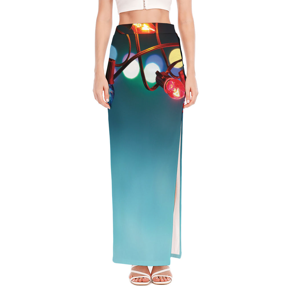 LED Christmas String Lights Print High Slit Maxi Skirt