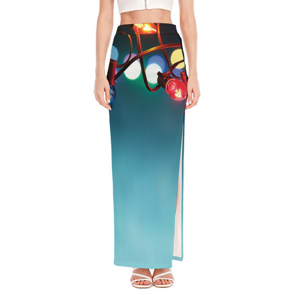 LED Christmas String Lights Print High Slit Maxi Skirt