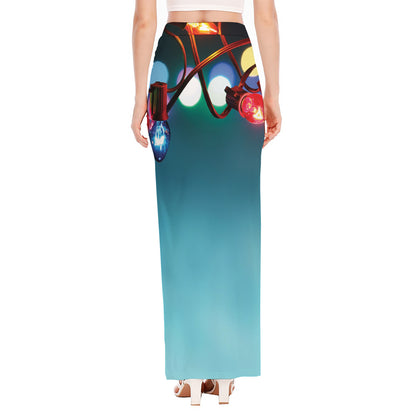 LED Christmas String Lights Print High Slit Maxi Skirt