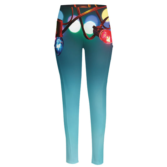 LED Christmas String Lights Print High-Waisted Pocket Leggings