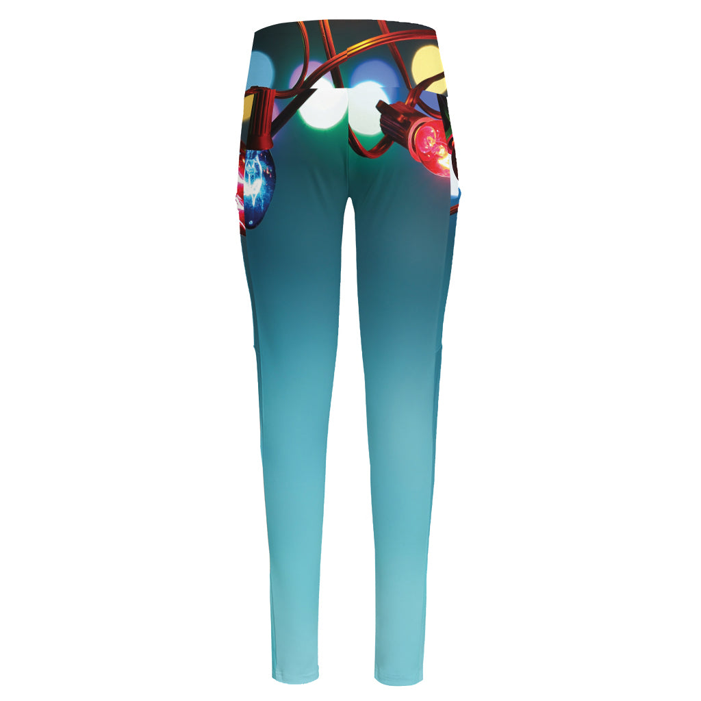 LED Christmas String Lights Print High-Waisted Pocket Leggings