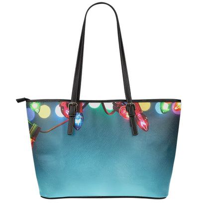 LED Christmas String Lights Print Leather Tote Bag