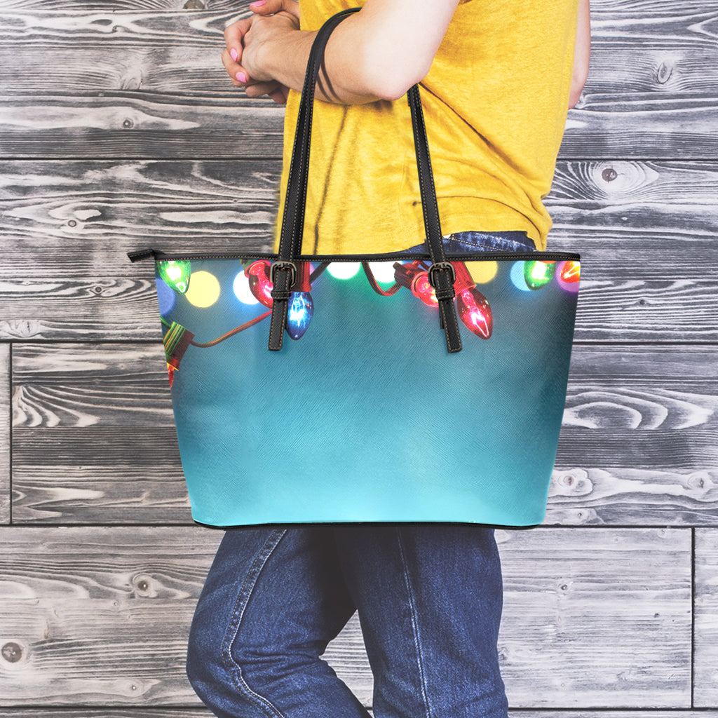 LED Christmas String Lights Print Leather Tote Bag