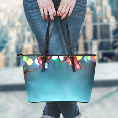 LED Christmas String Lights Print Leather Tote Bag