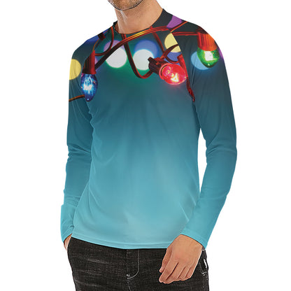LED Christmas String Lights Print Men's Long Sleeve Rash Guard