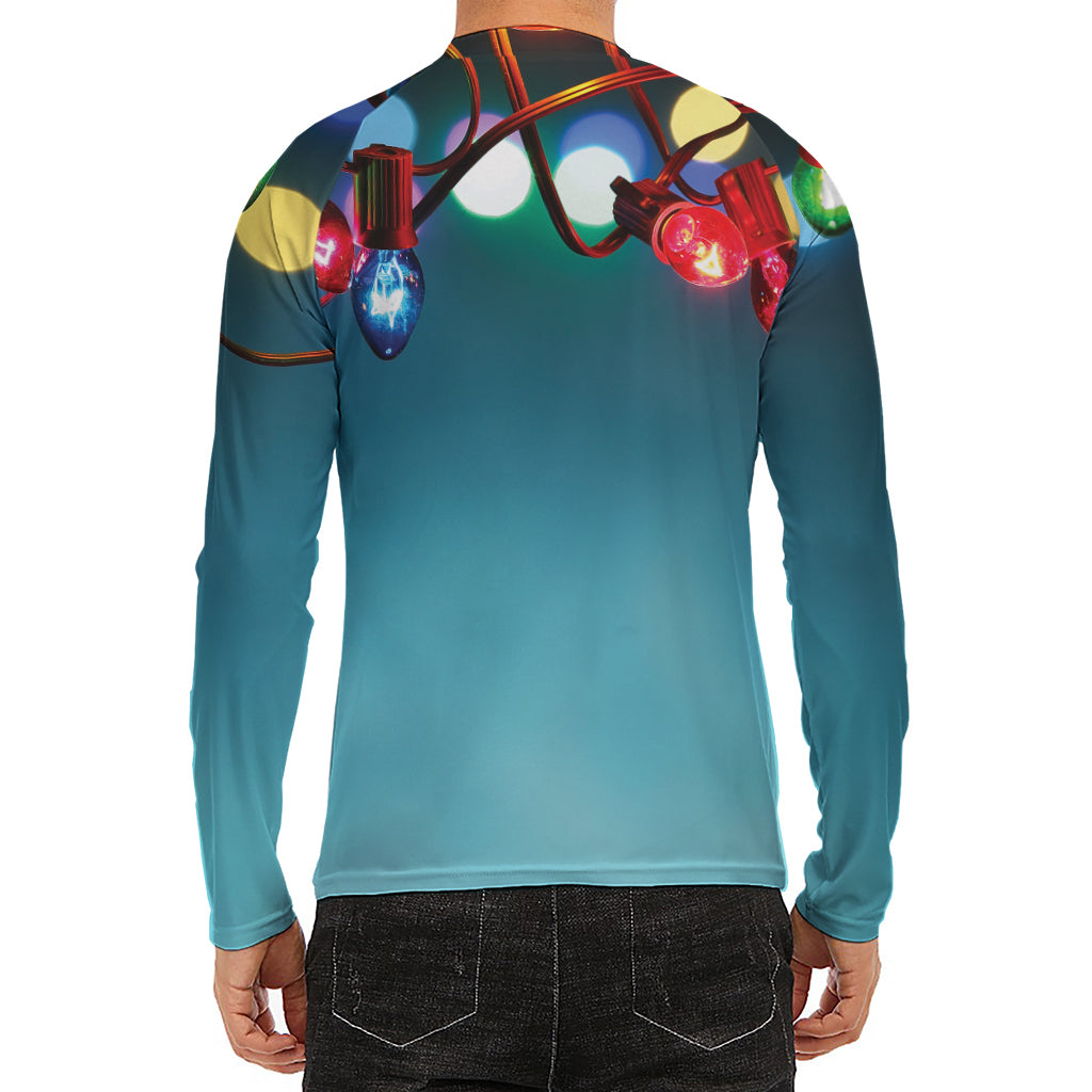 LED Christmas String Lights Print Men's Long Sleeve Rash Guard