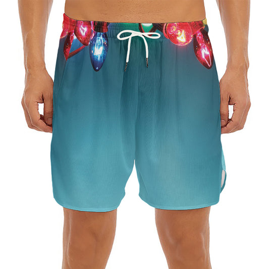 LED Christmas String Lights Print Men's Split Running Shorts