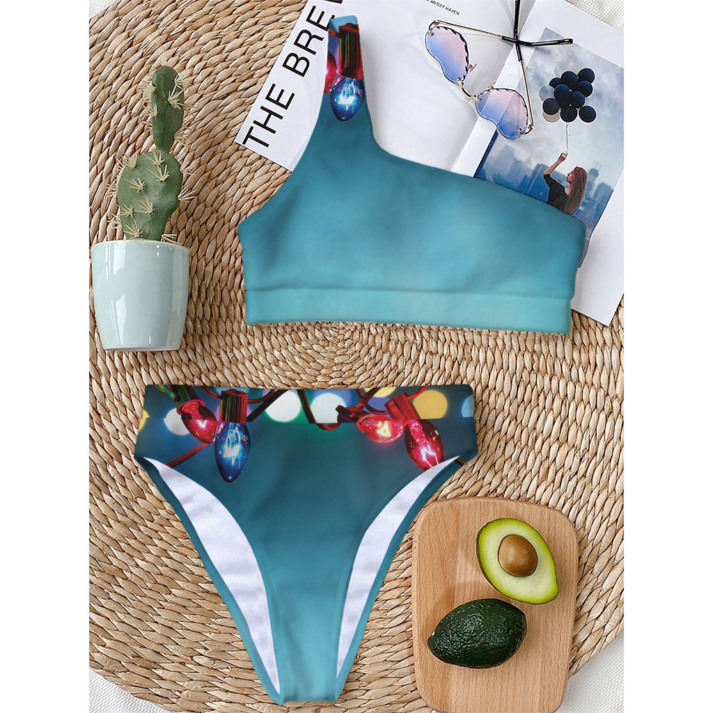 LED Christmas String Lights Print One Shoulder Bikini Top