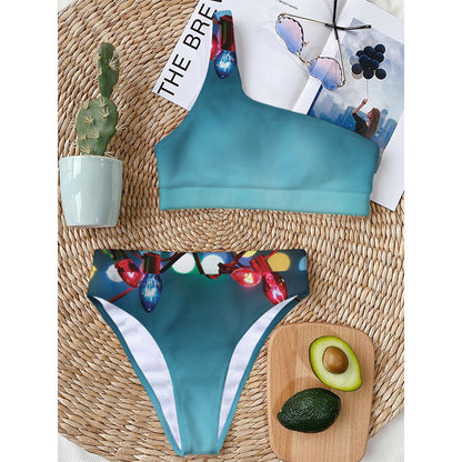 LED Christmas String Lights Print One Shoulder Bikini Top