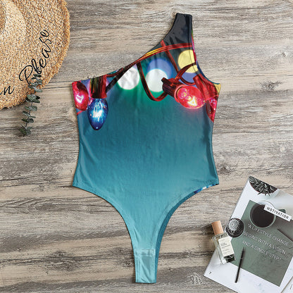 LED Christmas String Lights Print One Shoulder Bodysuit