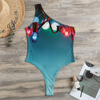 LED Christmas String Lights Print One Shoulder Bodysuit