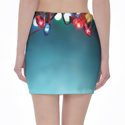 LED Christmas String Lights Print Pencil Mini Skirt