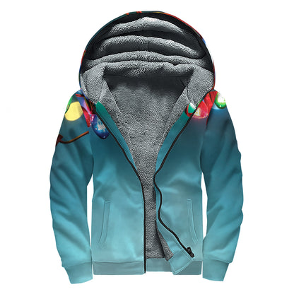 LED Christmas String Lights Print Sherpa Lined Zip Up Hoodie