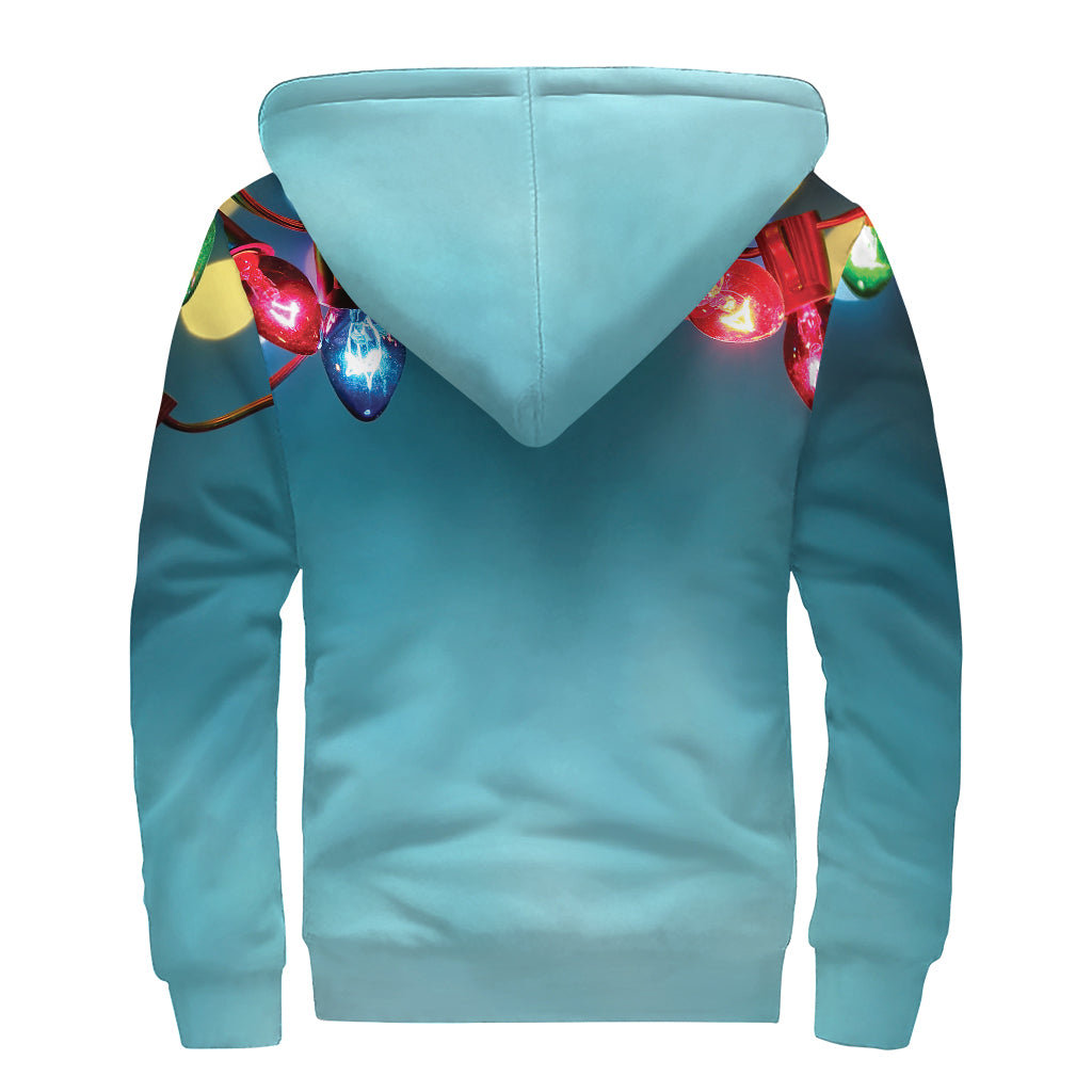 LED Christmas String Lights Print Sherpa Lined Zip Up Hoodie