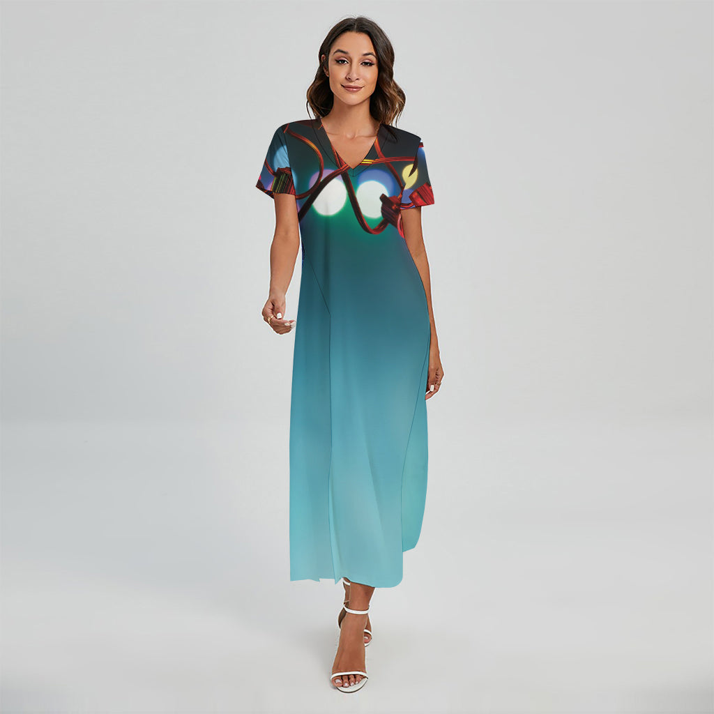 LED Christmas String Lights Print Short Sleeve Maxi Dress