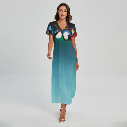 LED Christmas String Lights Print Short Sleeve Maxi Dress