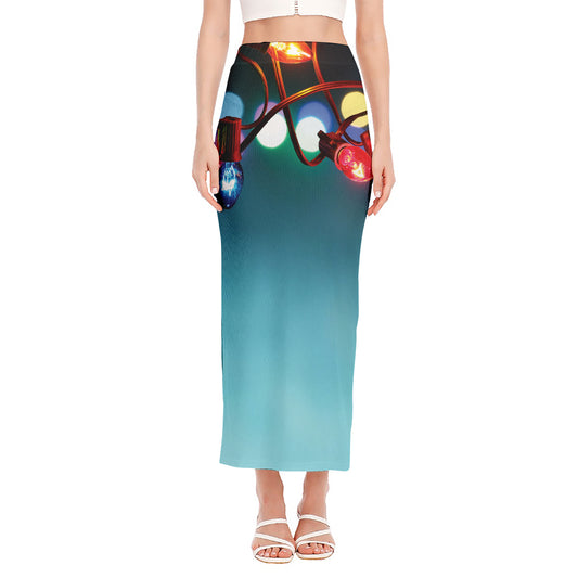 LED Christmas String Lights Print Side Slit Maxi Skirt