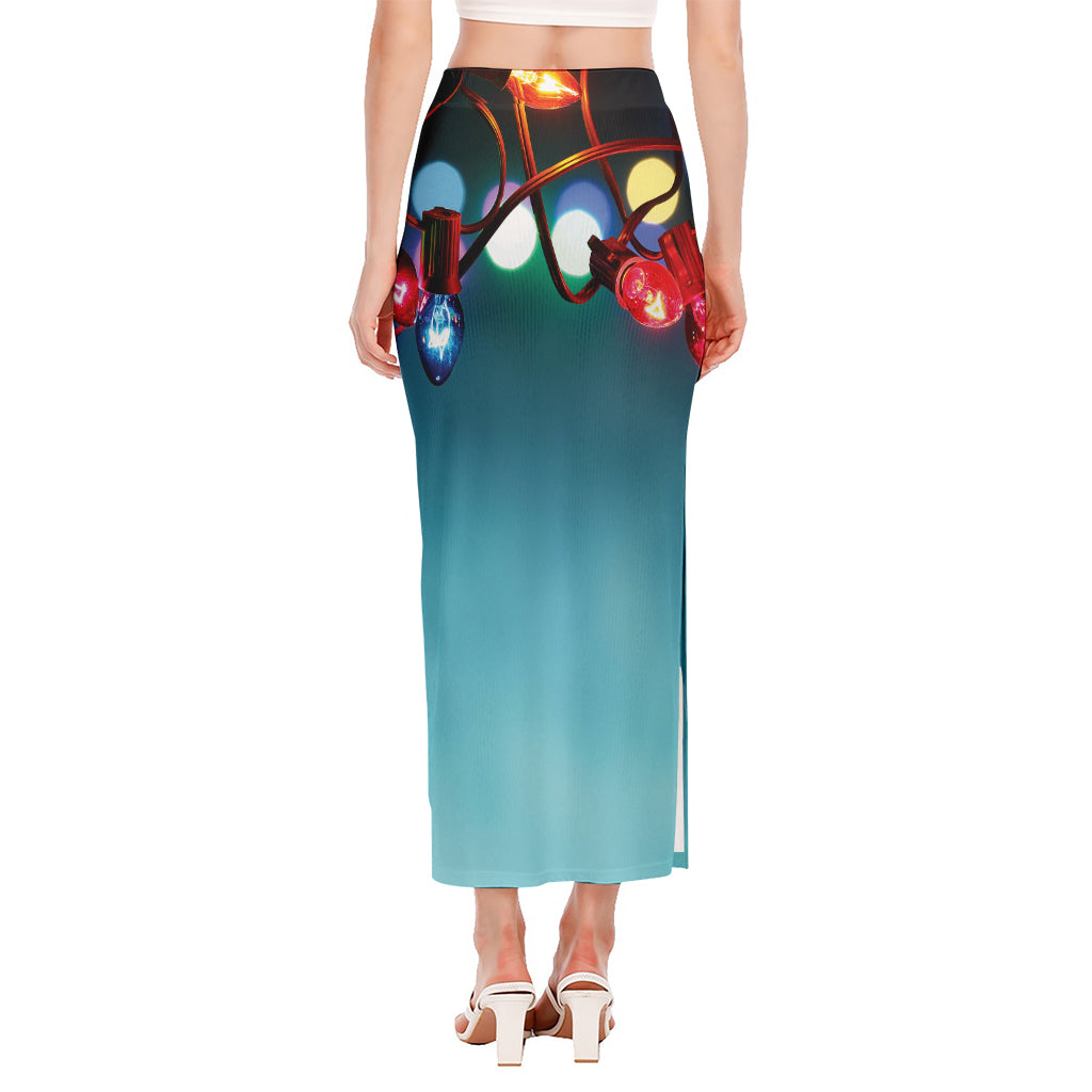 LED Christmas String Lights Print Side Slit Maxi Skirt