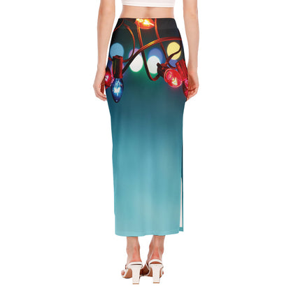 LED Christmas String Lights Print Side Slit Maxi Skirt