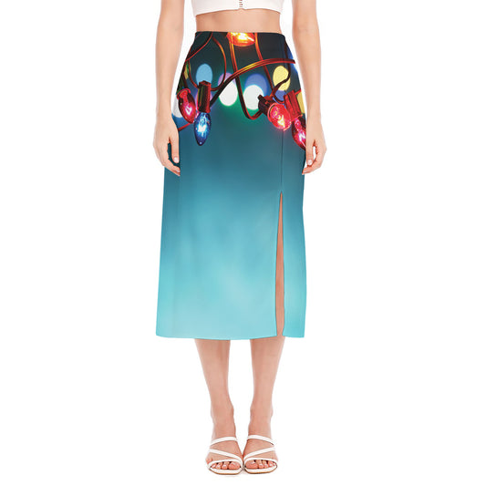 LED Christmas String Lights Print Side Slit Midi Skirt