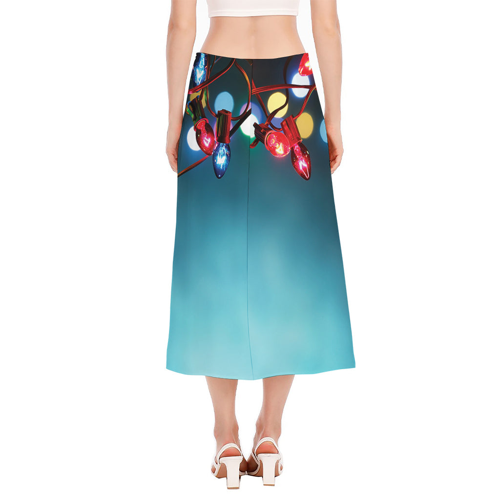 LED Christmas String Lights Print Side Slit Midi Skirt