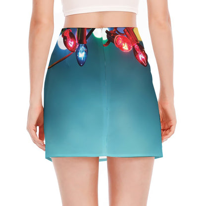 LED Christmas String Lights Print Side Slit Mini Skirt